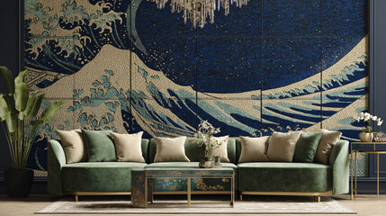 Modern Interior Design Beautiful Blue Green Sofa Traditional Wall Art Elegant Living Room Decor Chic Textiles Cozy Pillows Stylish Home Architecture Luxe Pattern Details Reception Comfort Lifestyle