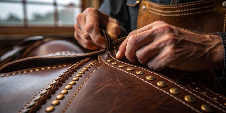 Crafting a handmade leather saddle in a cozy workshop on a sunny afternoon - Powered by Adobe