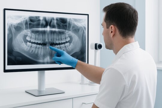 A dentist analyzes a digital dental X-ray on a large monitor providing expert insights for improved patient care.