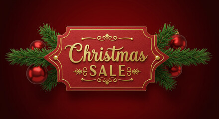 A christmas sale sign with ornaments and pine branches on a red background for holiday promotions