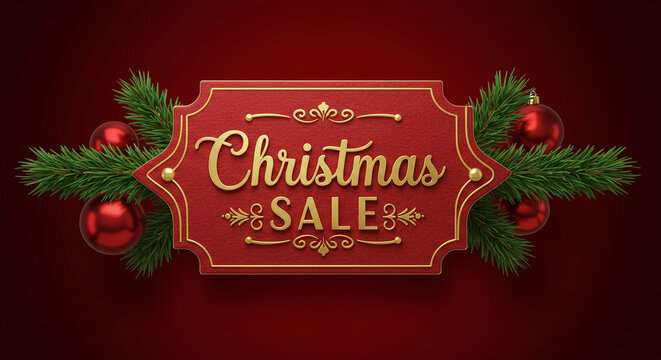 A christmas sale sign with ornaments and pine branches on a red background for holiday promotions