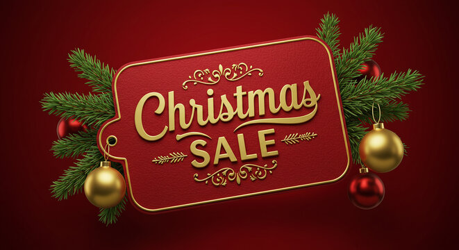 A christmas sale tag with gold lettering and ornaments on a red background with pine branches - Powered by Adobe