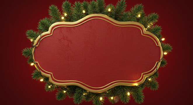 Ornate red and gold frame surrounded by pine branches and string lights on a red background