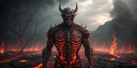 Dark conqueror stands resolute in a fiery landscape of chaos and despair