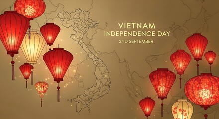 Vietnamese Independence Day Celebration, Illuminated Lanterns, Map Background