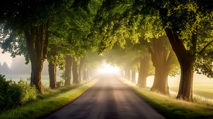 Obraz premium Tree-Lined Road Morning Fog