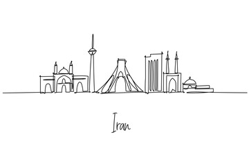 Iran national skyline in a continuous line drawing with Azadi Tower, Milad Tower, and mosque arches, a minimalist city silhouette concept expressing Persian heritage and contemporary architecture.