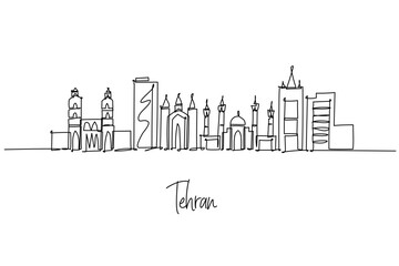 Tehran city skyline in Iran as a single line drawing with Azadi Tower, Milad Tower, and high rises, a minimalist city silhouette concept capturing Alborz mountain capital life and Persian design.
