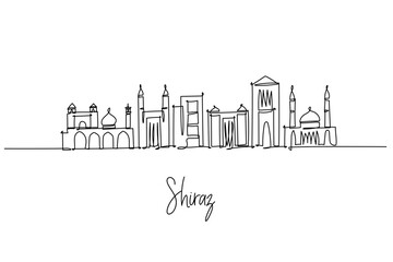 Shiraz city skyline of Iran rendered as a one line drawing with Nasir al Mulk Mosque Arg of Karim Khan and Shah Cheragh, a city silhouette concept honoring Persian heritage in Fars Province.