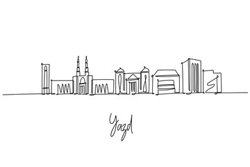 Yazd city skyline in Iran shown as a continuous line drawing with Jameh Mosque Amir Chakhmaq and windcatchers, a city silhouette concept highlighting desert architecture and Zoroastrian heritage.