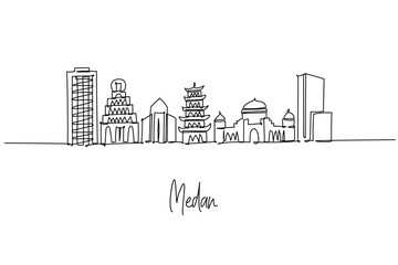 Obraz premium Medan city skyline of Indonesia in a one line drawing with Maimun Palace and Masjid Raya, a minimalist city silhouette concept highlighting North Sumatra heritage and downtown architecture.