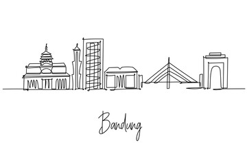 Naklejka premium Bandung city skyline in Indonesia as a continuous line drawing featuring Gedung Sate and Pasupati Bridge, a minimalist city silhouette concept celebrating West Java culture and landmarks.