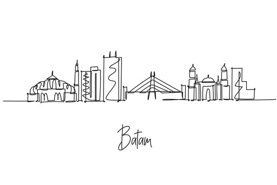 Batam city skyline in Indonesia rendered as a continuous line drawing with Barelang Bridge and waterfront towers, a minimalist city silhouette concept underlining Riau Islands trade tech and travel.