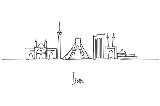 Iran national skyline in a continuous line drawing with Azadi Tower, Milad Tower, and mosque arches, a minimalist city silhouette concept expressing Persian heritage and contemporary architecture.