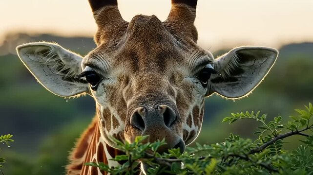 Close-up of a giraffe in a lush green environment during sunset, showcasing its features
