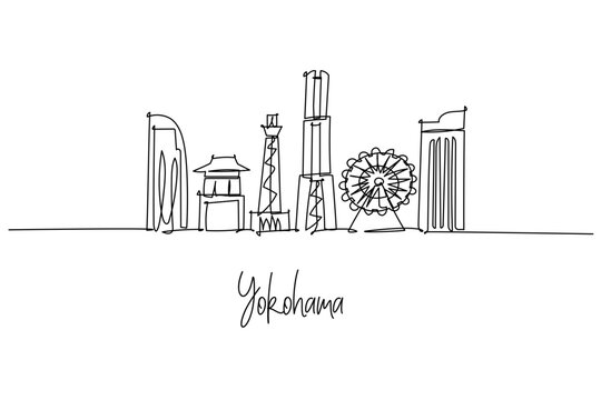 Yokohama city skyline of Japan as a one line drawing with Cosmo Clock wheel Landmark Tower and Minato Mirai bridge, a city silhouette concept celebrating bayside travel and port culture.