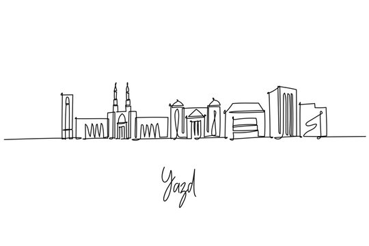 Yazd city skyline in Iran shown as a continuous line drawing with Jameh Mosque Amir Chakhmaq and windcatchers, a city silhouette concept highlighting desert architecture and Zoroastrian heritage.