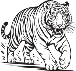 Obraz premium Tiger in Motion Outline Illustration Striped Wildcat with Fierce Expression in Clean Line Style