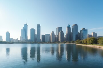 Naklejka premium Modern City Skyline Reflected in Calm Water