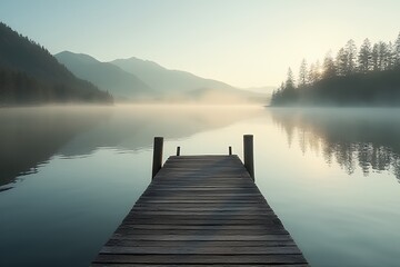 Fototapeta premium Serene Misty Lake at Sunrise with Wooden Dock