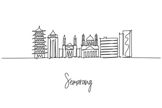 Semarang city skyline in Indonesia shown as a single line drawing with Lawang Sewu and Great Mosque, a minimalist city silhouette concept capturing Central Java culture and contemporary urban life.