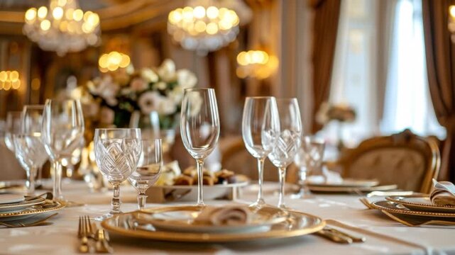 Close Up of Elegant Table Setting with Crystal Glasses Golden Plates and Silverware in a Luxurious Dining Room with Chandelier