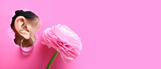 Flower and ear of young woman with stylish earrings visible through torn pink paper. Banner for design
