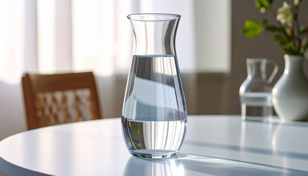 ガラス製カラフェに注がれた水をクローズアップで撮影。
マットテーブルの上で控えめな反射が上品な雰囲気を演出します。