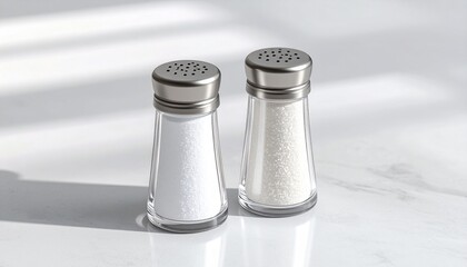 上品なデザインの塩と胡椒のシェイカーをマットなテーブル上で撮影。
柔らかい影が落ち着いた雰囲気を演出します。