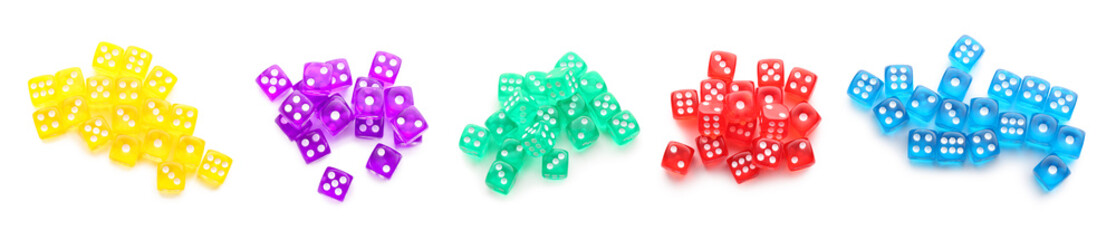 Set of many dices on white background, top view