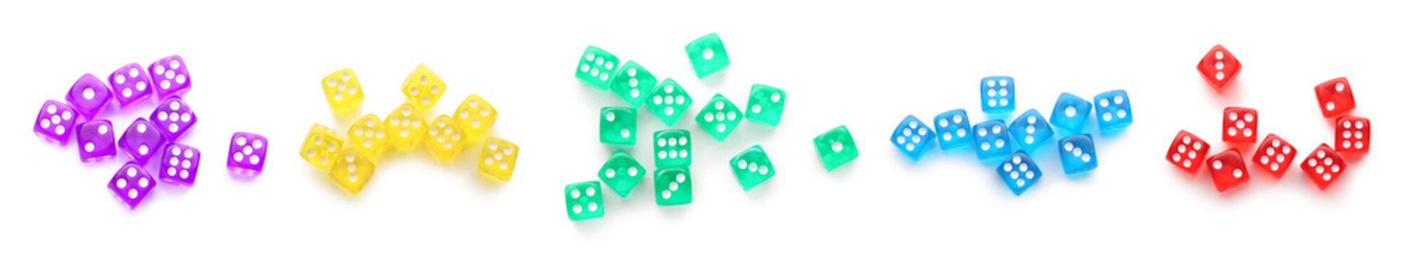 Set of many dices on white background, top view