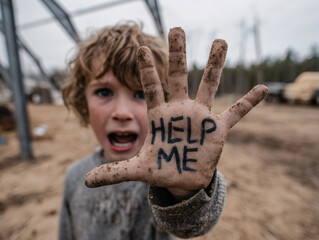 Child Urgent Plea Dirt Hand Facial Expression Outdoor Emotion Concern Youth Distress Childhood Anxiety Plight Appeal Vintage Grit Crisis Humanity Connection Vulnerability Fear