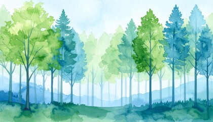 霧に包まれた朝の森を、水彩画で柔らかく表現した作品です。
緑と青の色合いが自然に混ざり合い、静かな朝の雰囲気を演出します。