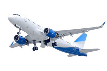 Commercial Passenger Airplane Taking Off, White and Blue Aircraft Isolated on White Background – Modern Air Travel and Transportation Concept