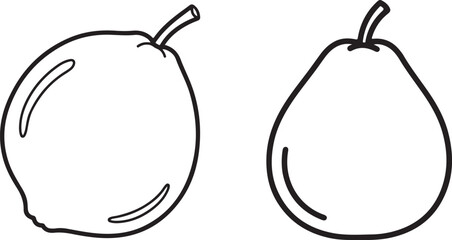 Black and white illustration of a fresh lemon and pear fruit