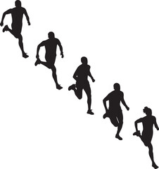 Black silhouettes of a group of runners men and women racing diagonally.