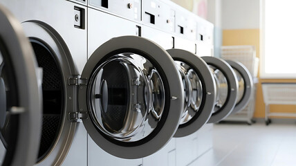 Shiny chrome doors of industrial washing machines arranged in a row at a modern, clean public laundromat for self-service laundry.
