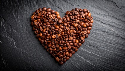 コーヒー豆をハート型に並べ、マットなスレート背景でクローズアップ撮影しました。
濃い色と柔らかい影が、温かみと落ち着いた雰囲気を演出します。