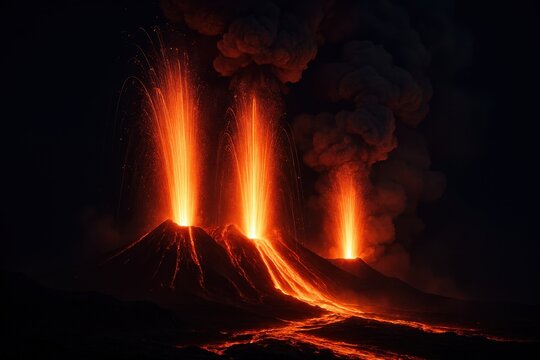 Active volcanic eruption with molten lava fountains and dramatic ash clouds at night
