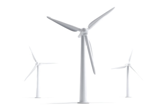 White Wind Turbines Isolated on White Background &ndash; Renewable Energy, Wind Power Generation, and Sustainable Technology Concept