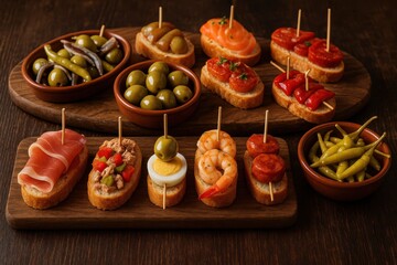 Fototapeta premium Artisanal Basque pintxos selection featuring gourmet Spanish tapas in authentic San Sebastian style
