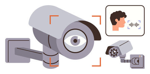 Surveillance camera with focus indicators, scanning eye, and facial voice recognition interface. Ideal for security, technology, privacy, identity protection, monitoring, AI interaction and digital