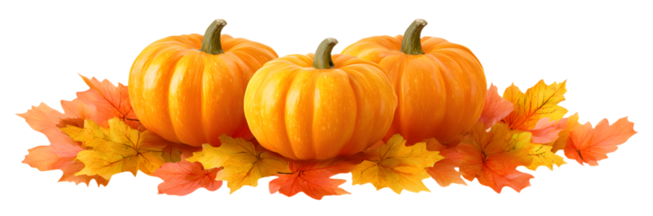 Three fresh orange pumpkins on a transparent background with vibrant autumn leaves, ideal for seasonal themes related to Halloween and Thanksgiving celebrations.