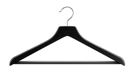 Black Wooden Clothes Hanger with Metal Hook, Isolated on White Background for Fashion, Wardrobe, and Clothing Organization Concepts