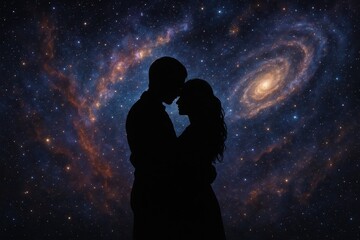 Celestial lovers silhouetted against swirling galaxy backdrop representing eternal cosmic connection