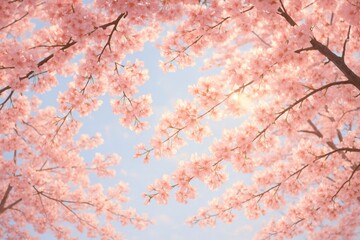 Fototapeta premium Cherry blossom branches in full bloom creating delicate pink canopy against soft sky