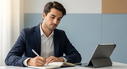 Focused Businessman in a Navy Suit Writing in a Notebook Beside a Digital Tablet.