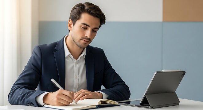 Focused Businessman in a Navy Suit Writing in a Notebook Beside a Digital Tablet.