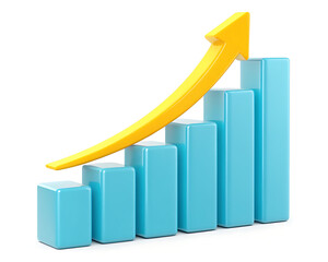 A bar graph with blue columns and a yellow arrow pointing upwards on a white background image