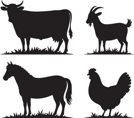Fototapeta premium Farm Animals Silhouette Collection featuring Cow Goat Horse and Chicken in Black Color for Agricultural and Livestock Concepts Design and Illustration Projects